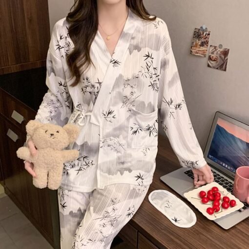 Vapetix M-XXL  Spring and Autumn Pajamas Women's Internet-famous Full-length Flower Kimono Cardigan Long-sleeved T - 图片 2