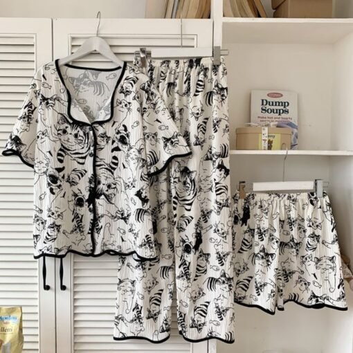 Vapetix M-XXL  Spring and Autumn Summer Sweet Pajamas Women's Short-sleeved Trousers Shorts Printed Rainbow Three- - 图片 4