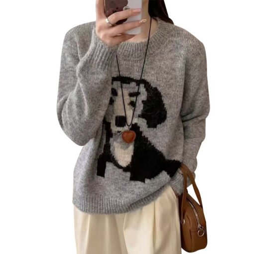 Round Neck Cartoon Pattern Gray Sweater For Women - Image 5