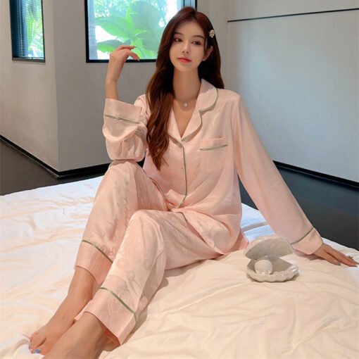 Vapetix M-XL  Spring and Autumn Ice Silk Pajamas Women's High-end Long-sleeved Pants Two-piece Suit Wearing Jacqu - Image 4