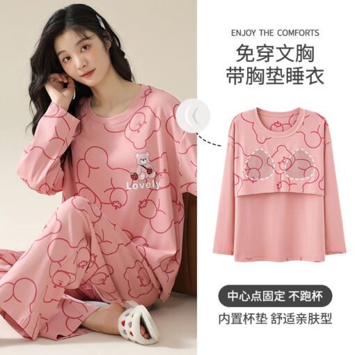 Vapetix M-XXL  Wholesale Pajamas Women with Chest Pad Spring Autumn and Winter Long Sleeve Cotton Round Neck Pullo - 图片 3