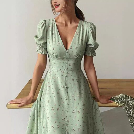 Vapetix S-XL  2025 Amazon European and American Women's Spring and Summer New Breasted Long V-Neck Lantern Sleeve