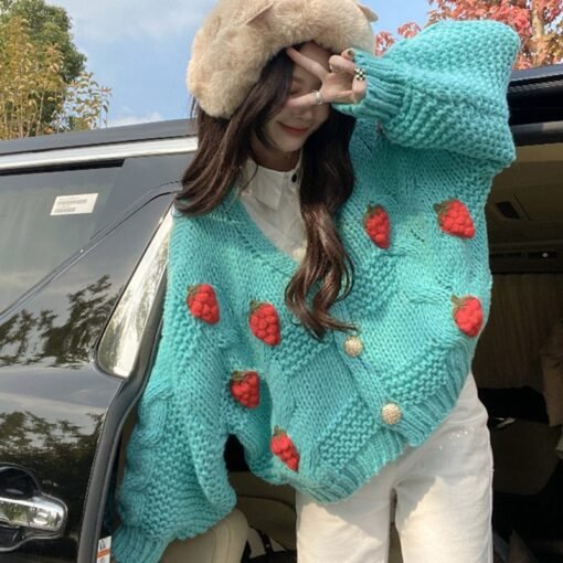 Vapetix One size fits all-One size fits all  Sweet Strawberry Sweater Soft Waxy Cardigan Jacket 2023 Autumn and Winter Loose Women's V-neck Coar