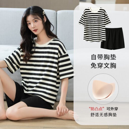 Vapetix M-XXL  Pajamas Women Summer Pure Cotton Short-sleeved Shorts Student Cute Casual Outwear with Chest Pad su - 图片 3