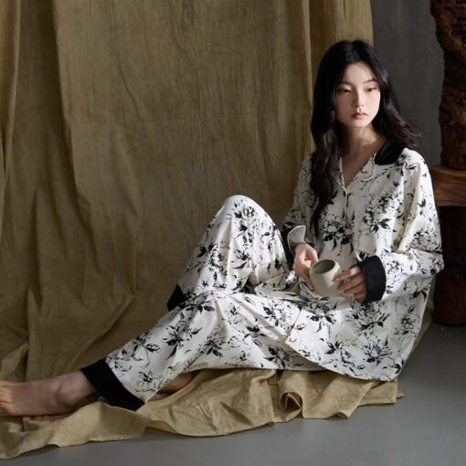 Vapetix M-XXL  Pajamas Women's Spring Autumn and Winter Pure Cotton 2024 Long Sleeve Striped Lace Lapel High-end L - 图片 2