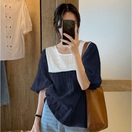 Vapetix ◆ ◇ L recommends 80-115 pounds ◆ ◇-◆ ◇ 4XL recommended 250-300 pounds ◆ ◇  Oversize Women's Chiffon Shirt Lace-Jin Stitching Heavy Industry Design Sense Fat Loose Top Short S - Image 2