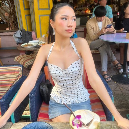 Vapetix S-L  French Style Wave Dot Chest Halter Vest Women's Girly Style Contrast Color V-Collar Waisted Slim Lo - Image 3