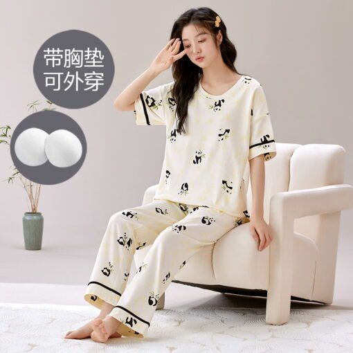 Vapetix M-XXXL  One-piece Pajamas with Chest Pad Women's Summer Cotton Short-sleeved Trousers Korean Style Cute Cas - 图片 2
