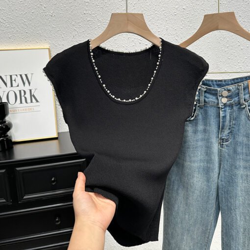 Vapetix One size fits all-One size fits all  Knitwear Vest Vest Women's 2025 Summer Thin Slim-fit Slimming Base Shirt Elegant Beaded Sleeveless