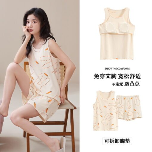 Vapetix M-XXL  Pure Cotton Padded Pajamas with Chest Pad Women's Summer Vest Sleeveless Thin Casual plus size suit