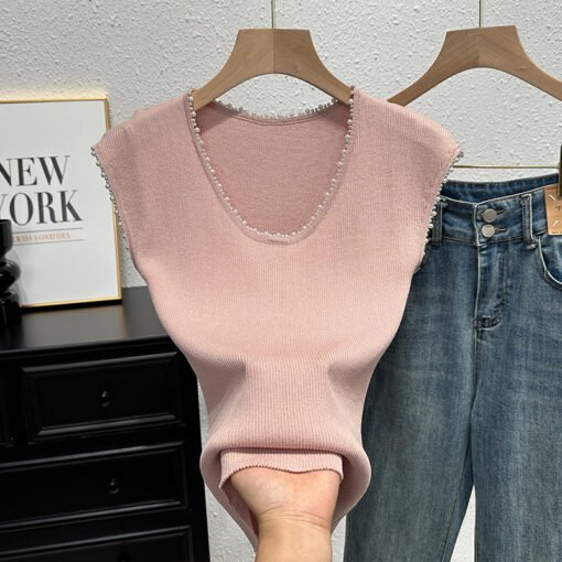 Vapetix One size fits all-One size fits all  Knitwear Vest Vest Women's 2025 Summer Thin Slim-fit Slimming Base Shirt Elegant Beaded Sleeveless - 图片 2