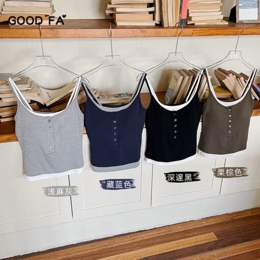 Vapetix One size fits all-One size fits all  Spring and summer 2025 new bottoming shirt modal contrast muse button belt cup fake two-piece camis - 图片 2