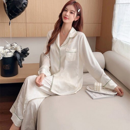 Vapetix M-XL  Spring and Autumn Ice Silk Pajamas Women's High-end Long-sleeved Pants Two-piece Suit Wearing Jacqu - Image 6