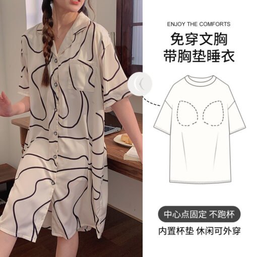 Vapetix M-XXL  Ice Silk Nightgown with Chest Pad Women's Summer Cardigan Mid-length Dress Sexy Pajamas Short-sleev