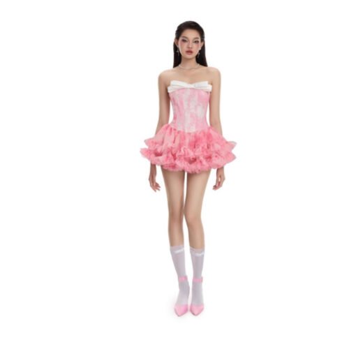 Vapetix S-L  Vietnamese Niche LANECI 25ss Strapless Fishbone Waist Bow dress Sweet Spicy Style Tutu Dress Sweet - 图片 2