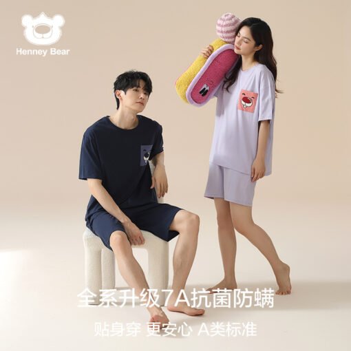 Vapetix M 【 7A Antibacterial Xinjiang Cotton 】-  [Hennie Bear Joint Name] Short-sleeved Couple Pajamas Women's Summer Pure Cotton Thin Student Men's - 图片 3