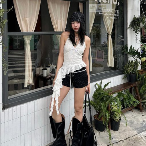 Vapetix S-L  Seaside Holiday Style Lace Hanging Neck Vest Women's Outer Wear Lightweight Transparent Strap Irreg
