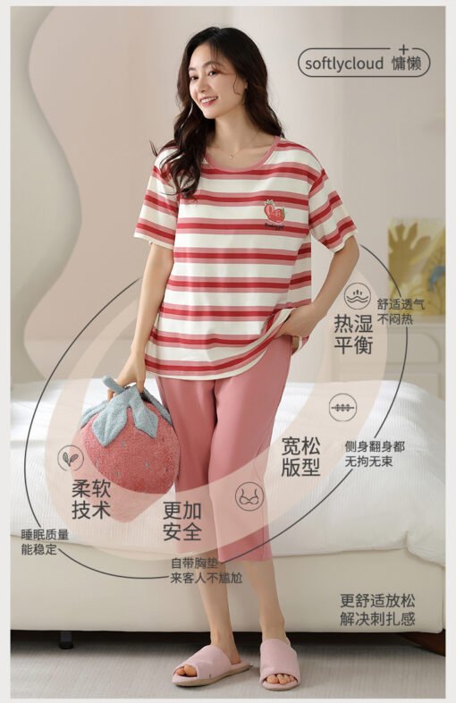 Vapetix M-XXXL  Thin Pajamas Women's Summer Short Sleeve with Chest Pad Cotton Cartoon Cute Wear-Free Bra Home Clot - 图片 3