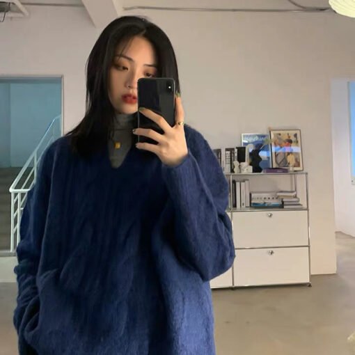 Vapetix One size fits all-One size fits all  2023 Autumn and Winter New Vintage Twist V-Neck Sweater Women's Pullover Outer Wear Loose Lazy Styl - 图片 4