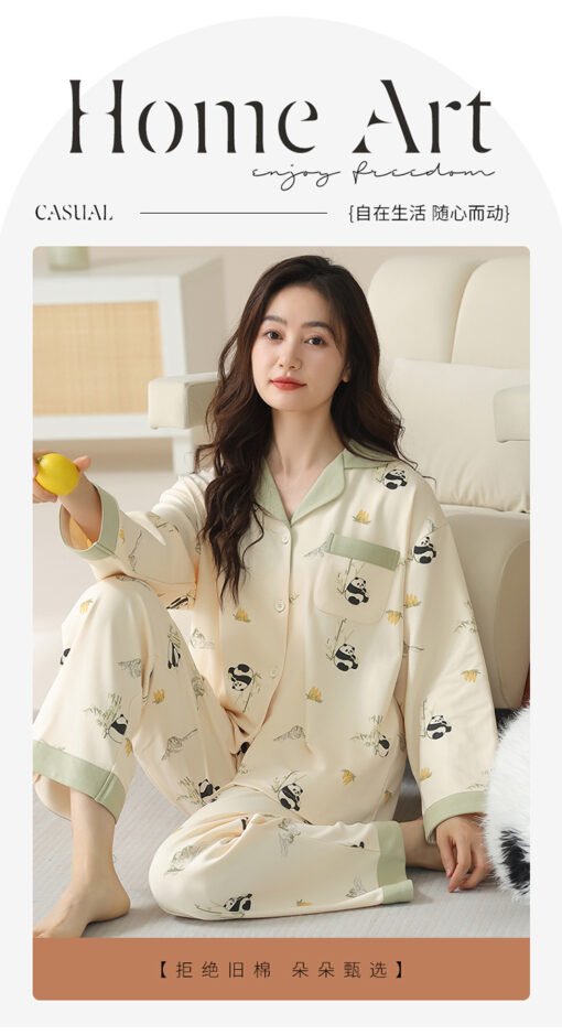 Vapetix M-XXXL  New Pajamas Women's Autumn and Winter Long-sleeved Trousers suit CVC6040 Cotton Women's Lapel Cardi - 图片 2