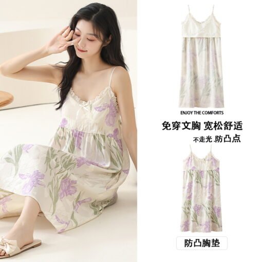 Vapetix M-XXL  Nightgown Women's Summer 2025 New Sweet Pure Style Sexy Strap Skirt Pajamas with Chest Pad Integrat - Image 2