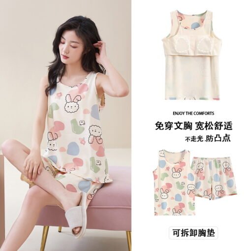 Vapetix M-XXL  Pure Cotton Padded Pajamas with Chest Pad Women's Summer Vest Sleeveless Thin Casual plus size suit - 图片 2