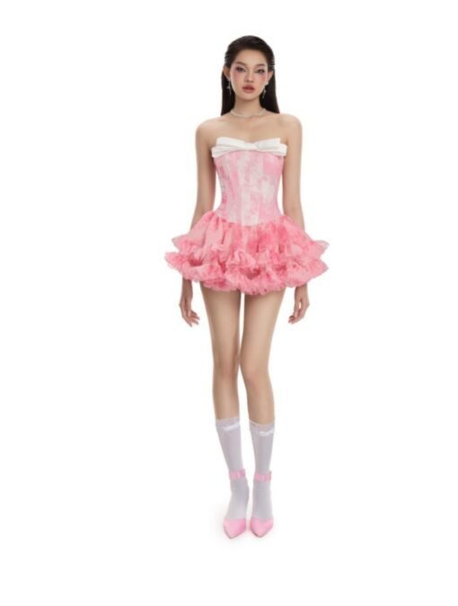 Vapetix S-L  Vietnamese Niche LANECI 25ss Strapless Fishbone Waist Bow dress Sweet Spicy Style Tutu Dress Sweet - 图片 3