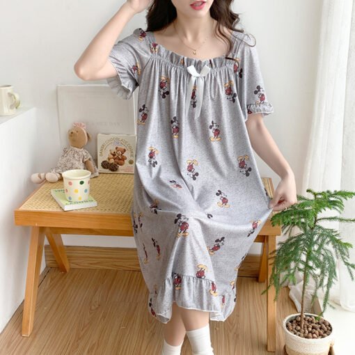 Vapetix M-5XL  Japanese Mickey Ice Silk Thread Pajamas Women's Summer Short-sleeved Loose Long Nightgown Plus Size