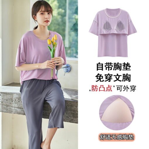 Vapetix M-XXL  Pajamas with Chest Pad Women's Summer Modal Shorts Capri Pants Thin Casual with Chest Pad Cool Feel - Image 3