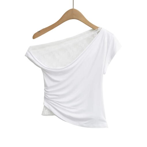 Vapetix S-M  Pure Desire Style Lace Stitching Slant Shoulder Short-sleeved T-shirt Women's Summer Ruffle Irregul - 图片 3