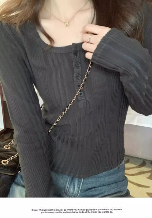 Vapetix S-XL  American-style Half-open Collar Long-sleeved T-shirt Women's Winter New Spice Girls Pure Desire Sty - 图片 2
