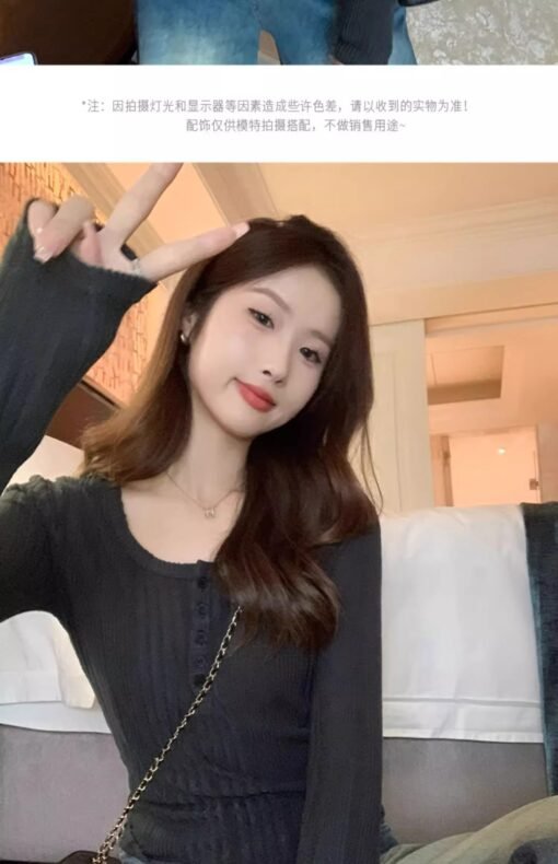 Vapetix S-XL  American-style Half-open Collar Long-sleeved T-shirt Women's Winter New Spice Girls Pure Desire Sty - 图片 3