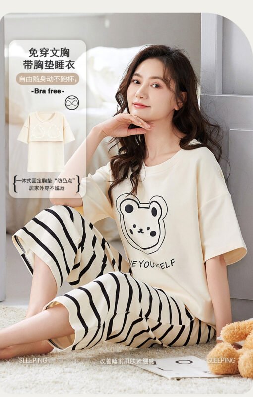 Vapetix M-2XL  Pajamas with Chest Pad Women's Summer Cotton Thin 2024 New Arrival Short-Sleeved Capri Pants suit W
