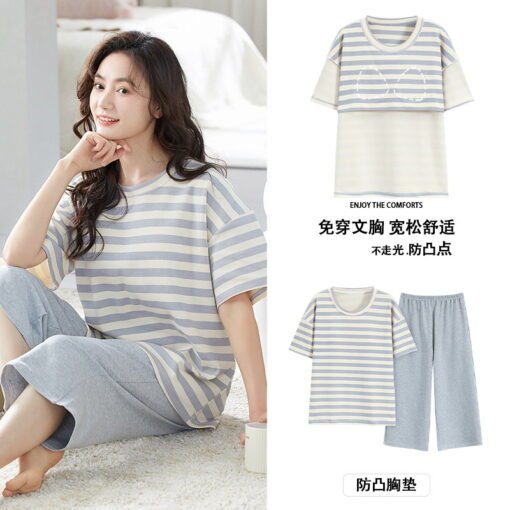 Vapetix M-2XL  Pajamas with Chest Pad Women's Summer Cotton Thin 2024 New Arrival Short-Sleeved Capri Pants suit W - 图片 2