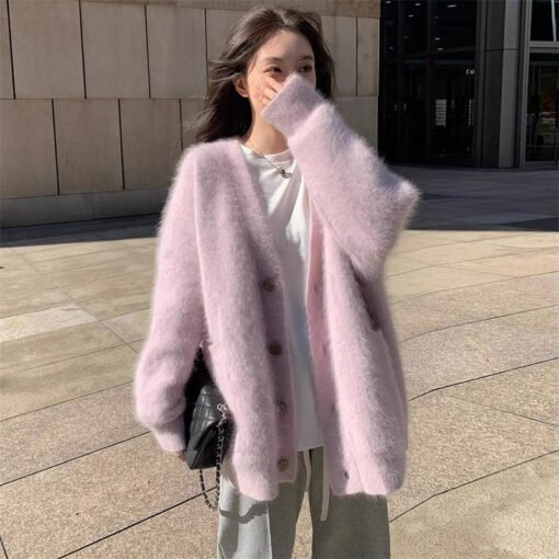 Vapetix One size fits all-One size fits all  Korean Style Women's Soft Waxy Lazy V-neck Knitted Cardigan Women's Autumn and Winter New Imitation - 图片 4