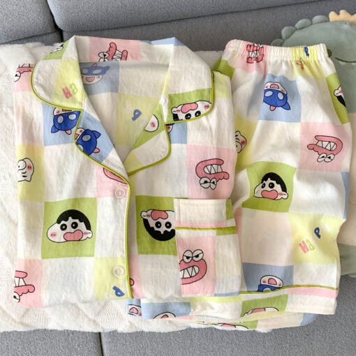 Vapetix M size [recommended 80-100 pounds]-XXL size [recommended 140-160 pounds]  Crayon Shin Pajamas Women's Summer Cotton Gauze Short-sleeved Cartoon Cute Student Cardigan Home Cl - 图片 3