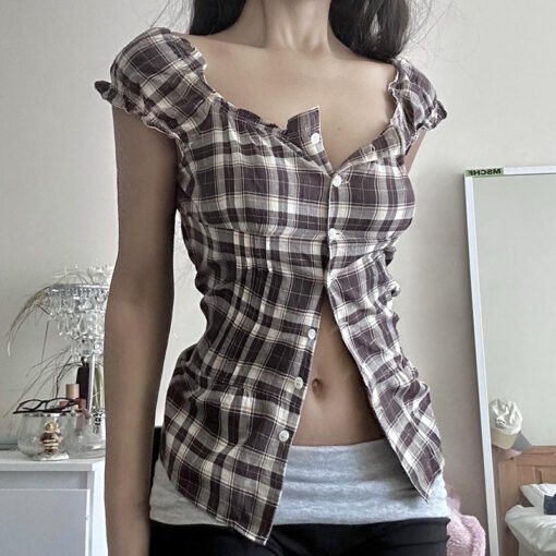 Vapetix S-L  American Academy Style Plaid Shirt Women's Korean Style Bubble Sleeve Ear Button Cardigan Casual Sh - Image 2