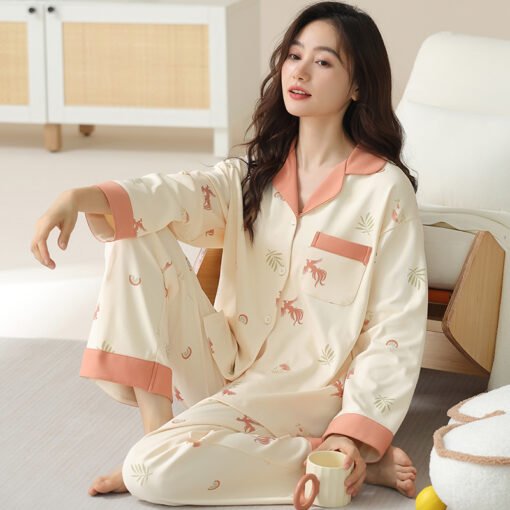 Vapetix M-XXXL  New Pajamas Women's Autumn and Winter Long-sleeved Trousers suit CVC6040 Cotton Women's Lapel Cardi - 图片 5