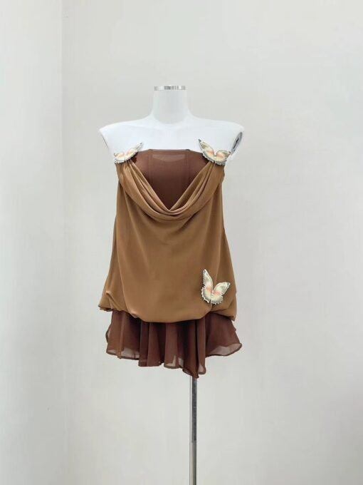 Vapetix S-L  Vietnamese Niche huelleyros Butterfly Strapless Fish Bone Top Women's Retro Slimming Spice Girl Ski - 图片 5