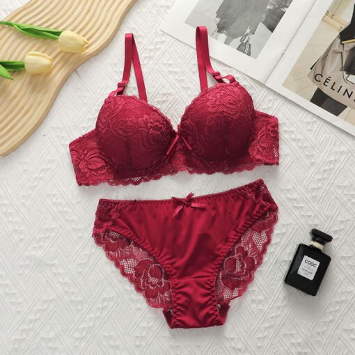 Sexy Gathered Steel Ring Lace Underwear Bra Set - Image 6