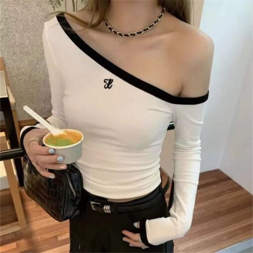 Women's Long-sleeved Contrast Color Slim Fit-letter Off-shoulder Top - Image 7