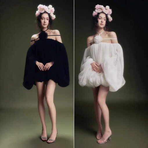 Vapetix S-L  2025ss Vietnam Niche OI @ Stereo Flower Off-shoulder Loose dress Mesh Tutu Dress Flower Bud Dress - 图片 3