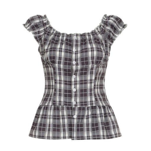 Vapetix S-L  American Academy Style Plaid Shirt Women's Korean Style Bubble Sleeve Ear Button Cardigan Casual Sh - Image 5