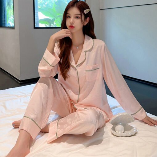 Vapetix M-XL  Spring and Autumn Ice Silk Pajamas Women's High-end Long-sleeved Pants Two-piece Suit Wearing Jacqu - Image 7