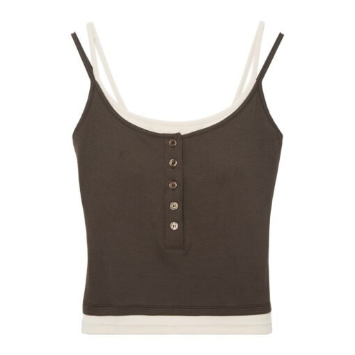 Vapetix One size fits all-One size fits all  Spring and summer 2025 new bottoming shirt modal contrast muse button belt cup fake two-piece camis - 图片 3