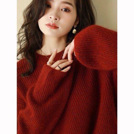 Vapetix Within M-100 pounds-XXL-160 pounds or less  Autumn and Winter New 100 Pure Wool New Year Red Crewneck Women's Base Shirt Loose Lazy Style Brigh - 图片 3