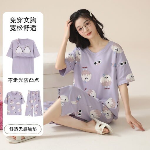 Vapetix M-XXXL  Chest Pad Pajamas Women's Summer Short-sleeved Capri Pants suit Home Clothes Student Thin Cartoon C - 图片 2