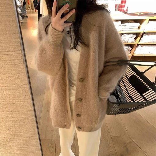 Vapetix One size fits all-One size fits all  Korean Style Women's Soft Waxy Lazy V-neck Knitted Cardigan Women's Autumn and Winter New Imitation - 图片 5