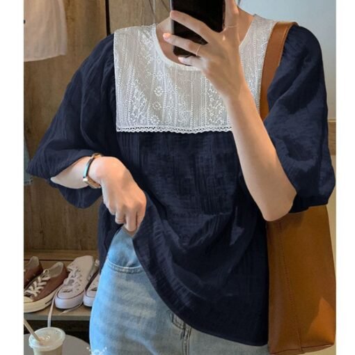 Vapetix ◆ ◇ L recommends 80-115 pounds ◆ ◇-◆ ◇ 4XL recommended 250-300 pounds ◆ ◇  Oversize Women's Chiffon Shirt Lace-Jin Stitching Heavy Industry Design Sense Fat Loose Top Short S - Image 3
