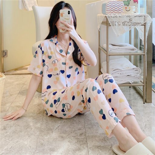 Vapetix L-XXL  Spring and Summer Silk Pajamas Women's Long-sleeved Thin Cotton Silk suit Korean-style Artificial C - 图片 3